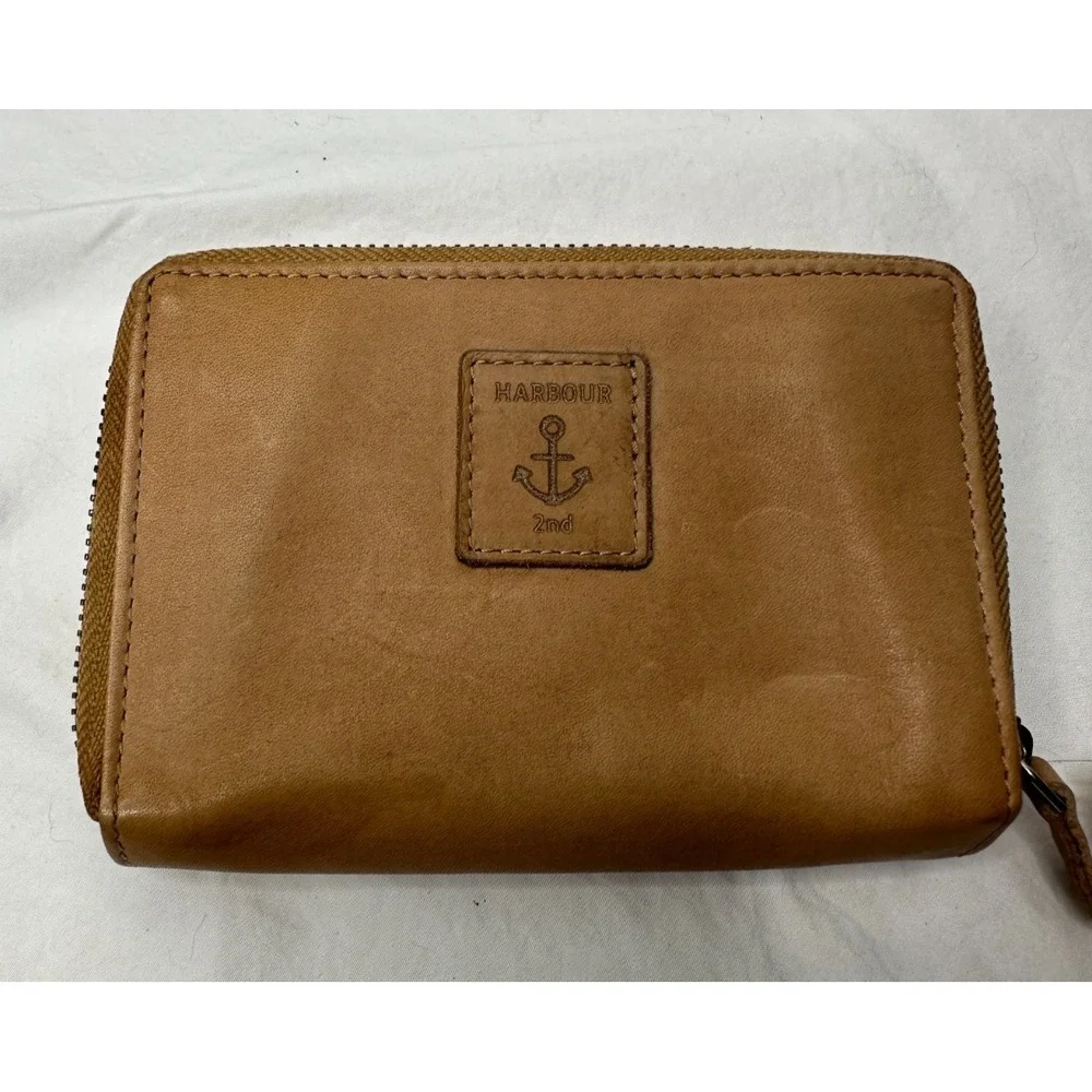 New Harbour 2nd Tan Leather Wallet Zip Around Weave Tri Fold‎ Multi Pocket